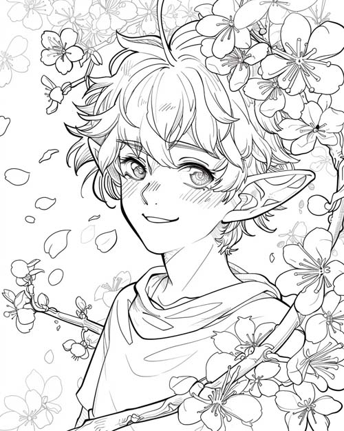 folklore coloring page of Robin Goodfellow and apple blossoms