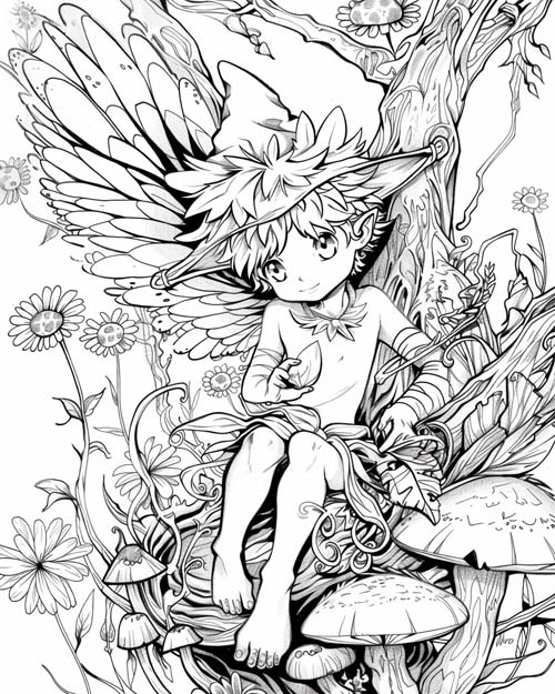 folklore coloring page of Puck in the forest
