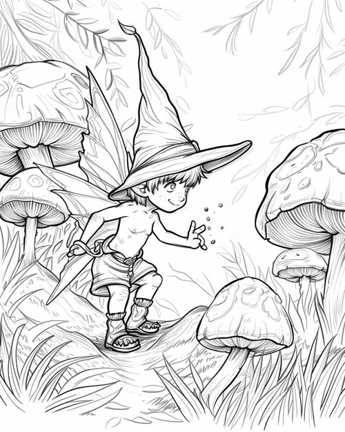 folklore coloring page of Puck in the mushrooms