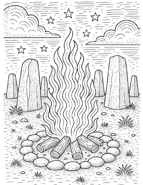 outline coloring page of a samhain fire