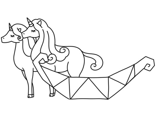 simple coloring page of a carriage pulled by two unicorns