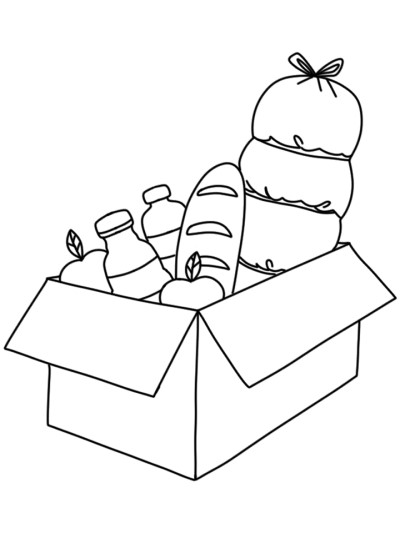 Simple coloring page of a box of food donations.