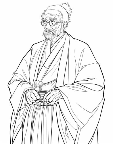 coloring page of a grandpa in a kimono