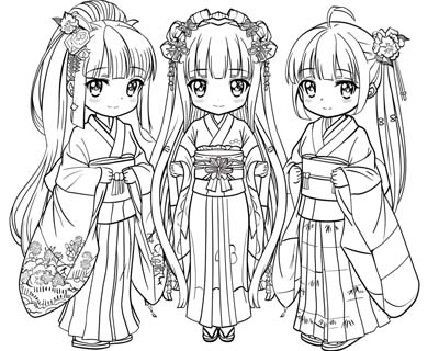 coloring page of girls with kimonos
