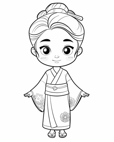coloring page of a girl with a kimono