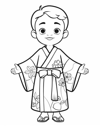 coloring page of a boy with a kimono