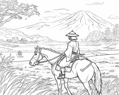coloring page of a Samurai riding a horse