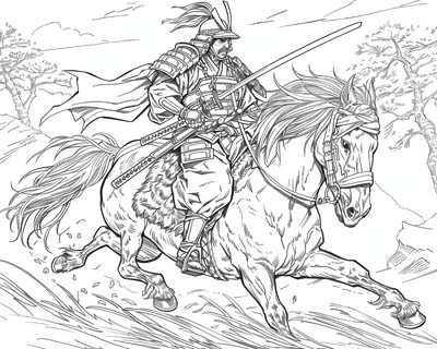 coloring page of a Samurai riding a horse