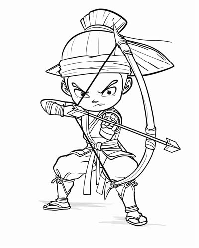 coloring page of a Samurai practicing archery