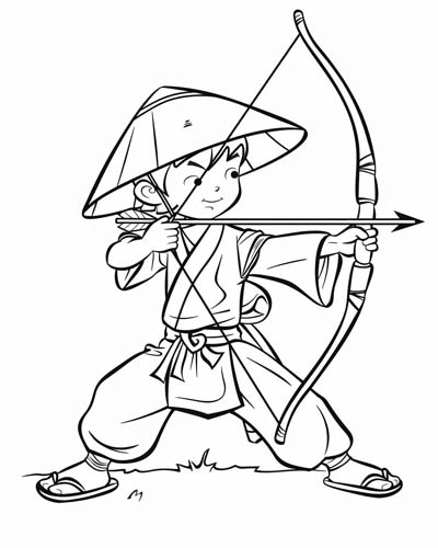 coloring page of a Samurai practicing archery
