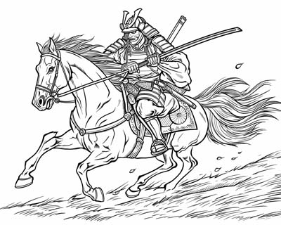 coloring page of a Samurai riding a horse