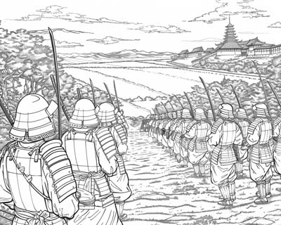 coloring page of a Samurai army