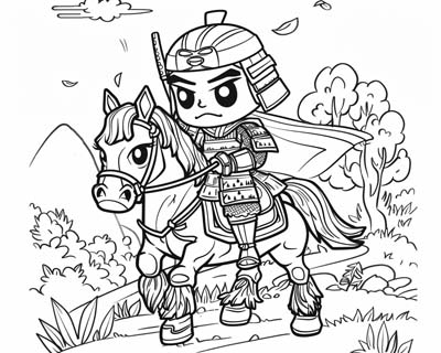 coloring page of a Samurai riding a horse