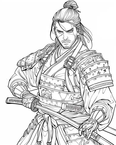 coloring page of a Samurai riding a horse
