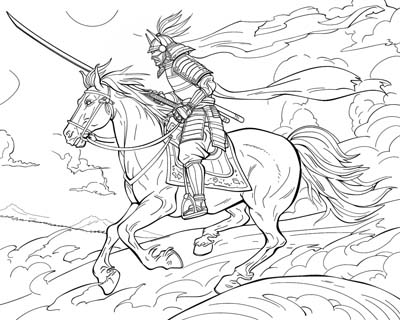 coloring page of a Samurai riding a horse