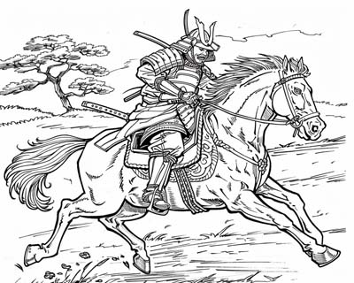 coloring page of a Samurai riding a horse