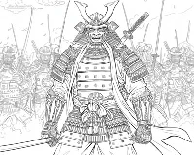 coloring page of a Samurai army