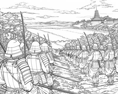 coloring page of a Samurai marching