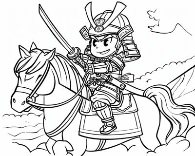coloring page of a Samurai riding a horse