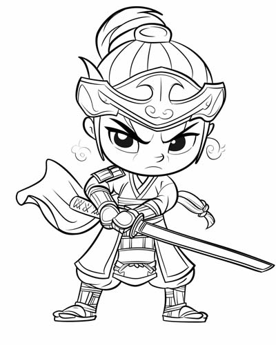 coloring page of a Samurai poised for battle