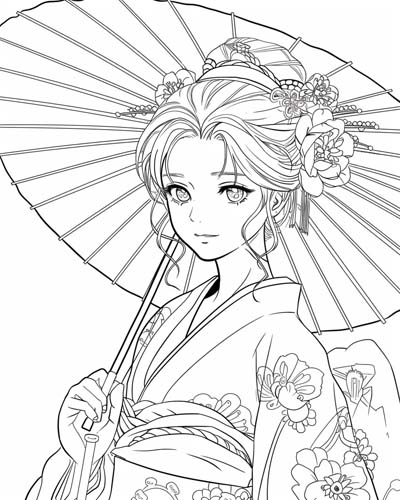 coloring page of a Japanese parasol
