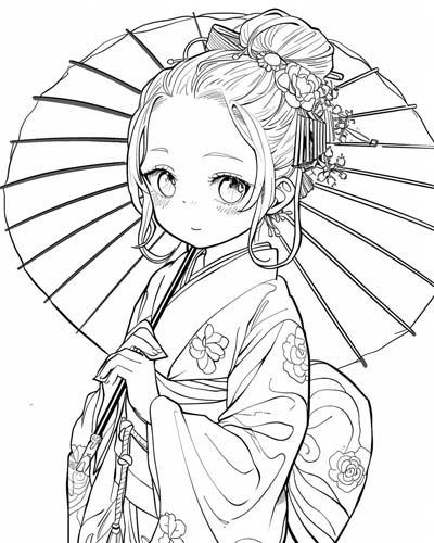 coloring page of a Japanese wagasa