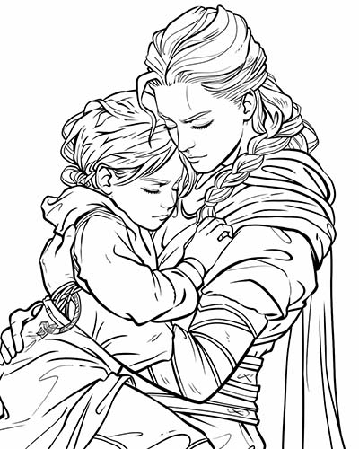 coloring page of Lagertha and young Bjorn
