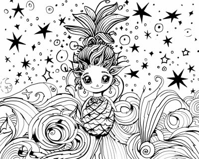 coloring page of Pina magically turning into a pineapple