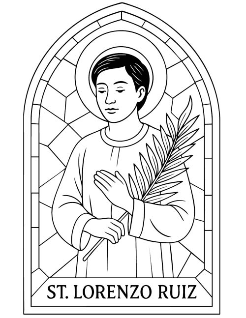 stained glass coloring page of St Lorenzo Ruiz, the patron saint of the Philippines