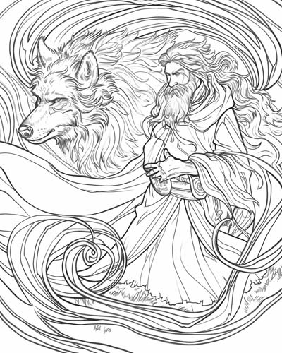 coloring page of Gwydion reaches out to the wolf spirit