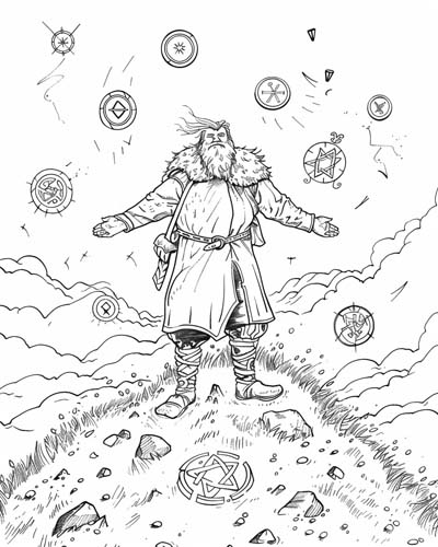 coloring page of Gwydion with magical symbols around him