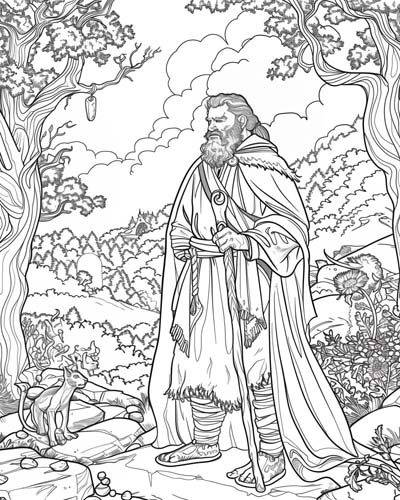 coloring page of Gwydion channeling the magic of the forest