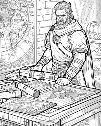 coloring page of Gwydion in the court of King Math, hatching one of his clever plans