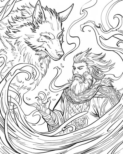 coloring page of Gwydion starting a transformation by calling on the spirit of the wolf