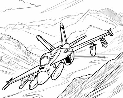 coloring page of a fighter jet flying through the Mach Loop in Wales