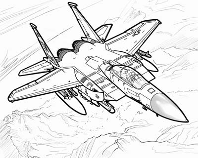 coloring page of a fighter jet flying through the Mach Loop in Wales