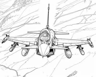 coloring page of a fighter jet flying through the Mach Loop in Wales