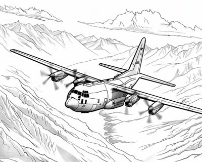 coloring page of a C-130 Hercules flying through the Mach Loop in Wales