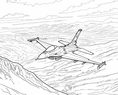coloring page of a fighter jet flying through the Mach Loop in Wales