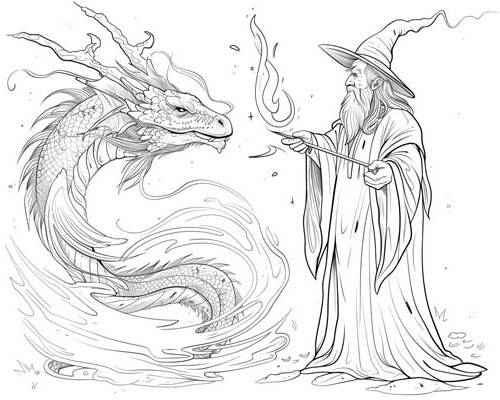 coloring page of Merlin and a dragon
