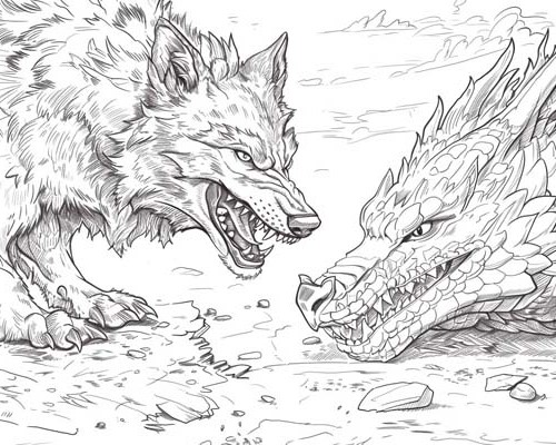 coloring page of the magic hound fighting the dragon of Llyn Barfog
