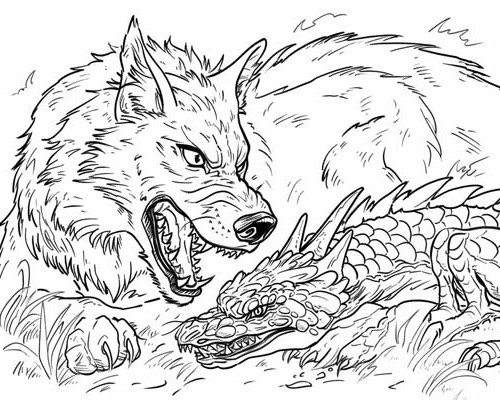 coloring page of the magic hound defeating the dragon of Llyn Barfog