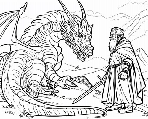 coloring page of Saint Julius battling a dragon