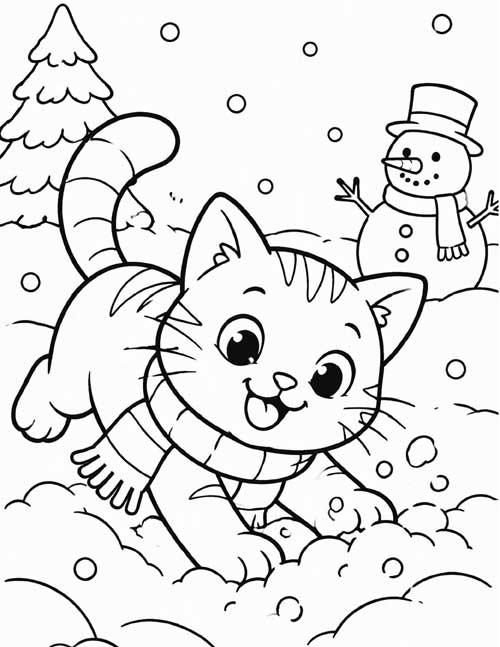 simple coloring page of a cute cat playing in the snow