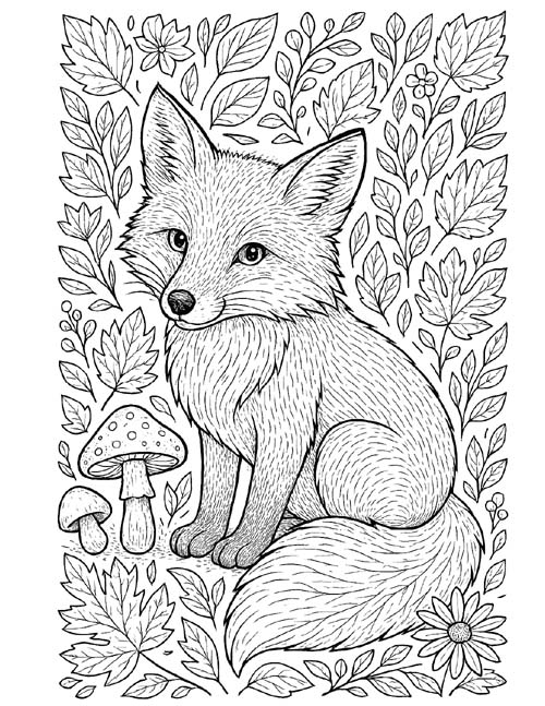 autumn fox coloring page for adults