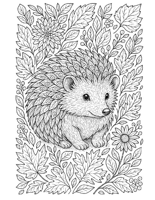 autumn hedgehog coloring page for adults