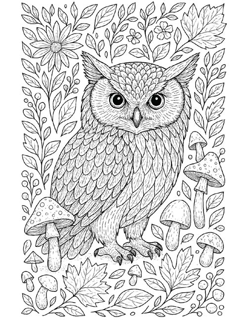 autumn owl coloring page for adults
