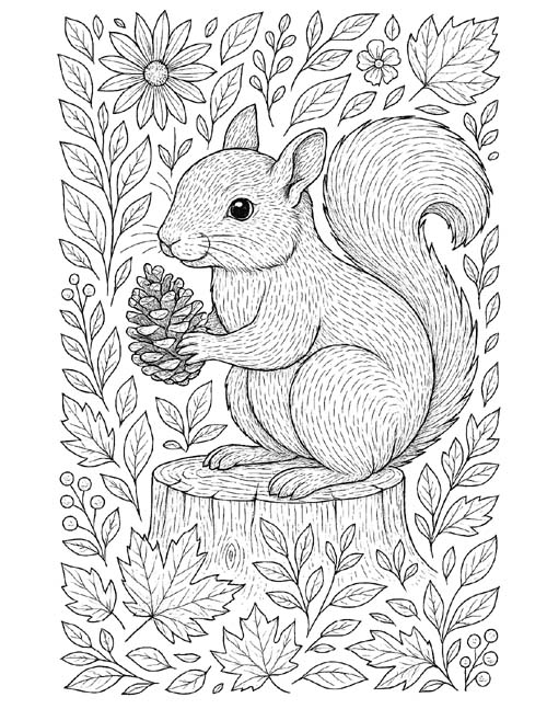 autumn squirrel coloring page for adults