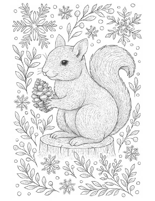 winter squirrel coloring page for adults
