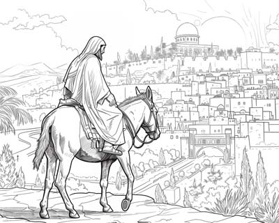 coloring page of Jesus riding into Jerusalem